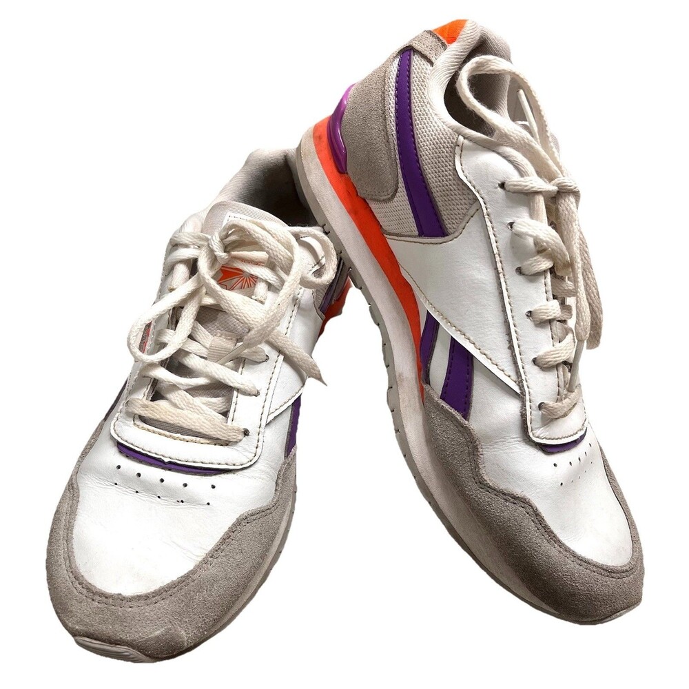 Women's Size 8 Classic Reebok Lace Up Sneakers White/Grey/Purple/Orange